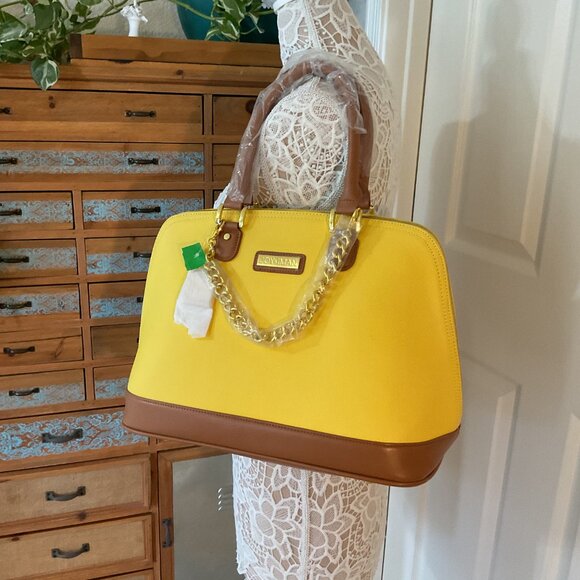 Joy & Iman Satchel Dome Handbag Faux Leather Yellow and Tan - NWT - Picture 7 of 15